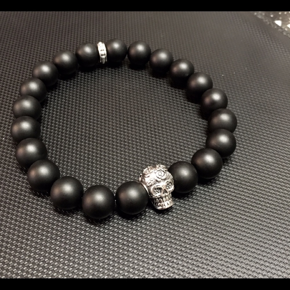 Onyx Bead Bracelet .925 Silver Skull Matte Black